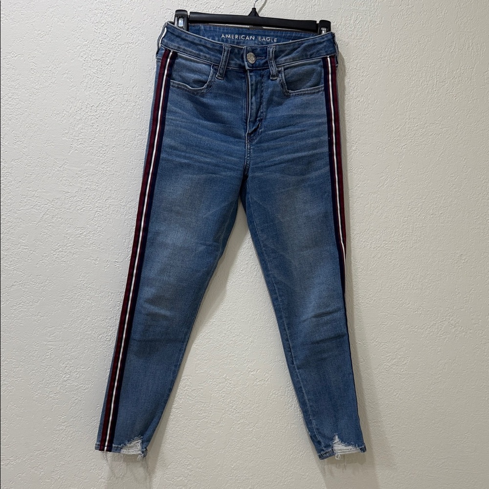 American Eagle Outfitters Blue Jeans with Red and White Stripes